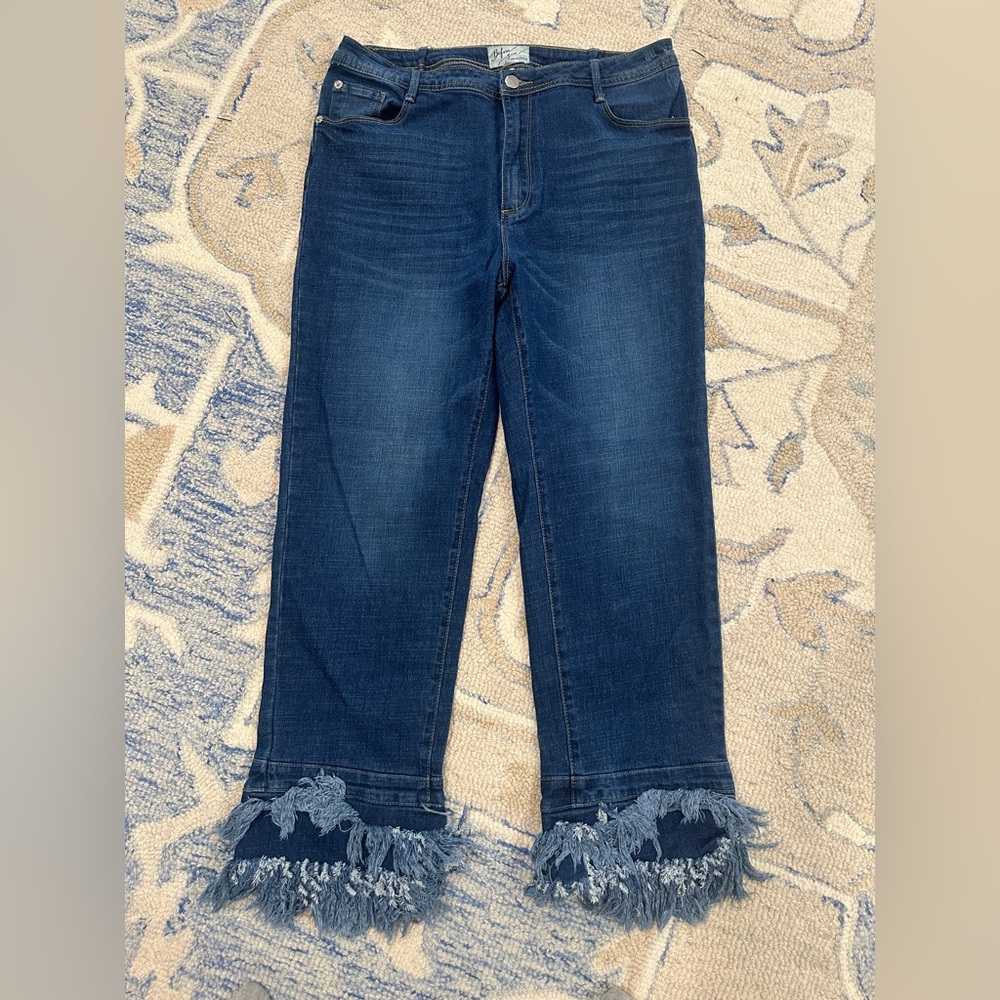 Dark Blue Frayed Hem Wide Leg Jeans - Picture 2 of 6